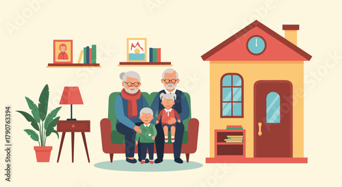 Grandparents cherish precious moments with grandkids in cozy home, creating lasting family memories and showcasing the warmth of intergenerational love