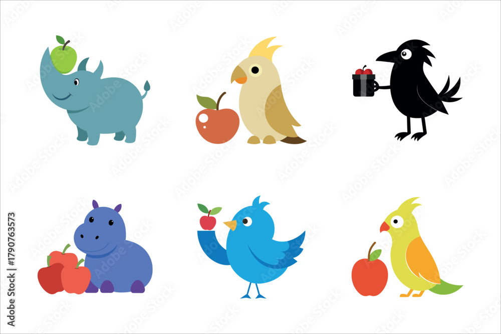 Fototapeta premium Simple apple and cute bird vector flat art