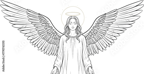 Angelic figure with wings spread wide and halo in a black and white drawing
