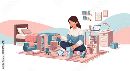 Creative woman arranging miniature furniture in a dollhouse setting in her room