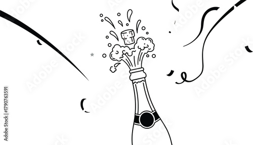 Champagne bottle popping with confetti for a festive celebration illustration
