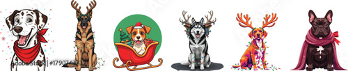Christmas Dogs Clipart Bundle: Festive Reindeer Antler, Santa Sled, and Holiday Lights Vector Illustrations