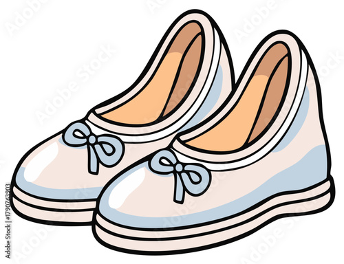 Cartoon style pair of light pink ballet flats with small bows and a soft interior.