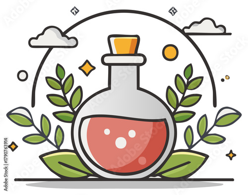 Potion bottle illustration with clouds, leaves, sun and stars for science or alchemy concepts