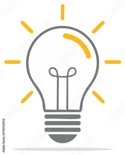 Hand drawn light bulb icon glowing with yellow rays symbolizing innovation and ideas