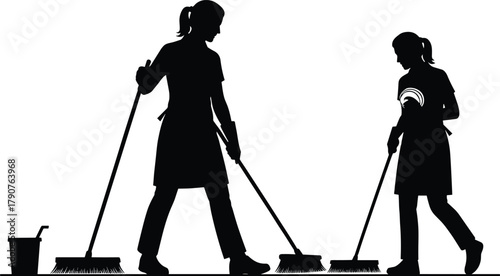 Black silhouette of two female janitors cleaning floor with mops and bucket, professional housekeeping workers teamwork, hygiene and sanitation concept