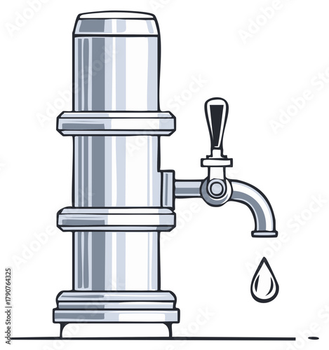A shiny metal draught beer tap tower with a single dripping drop of liquid, a simple cartoon illustration