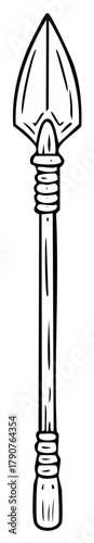 Hand drawn black and white illustration of a primitive tribal spear