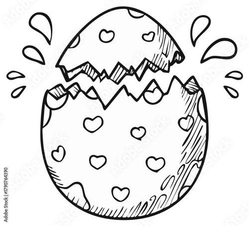Broken Eggshell with Heart Shapes, Hatching Cartoon Illustration on White
