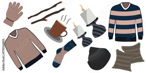 winter vector elements , hand gloves, hat , sweater , coffee cup with steam ,wood , candle holder illustration