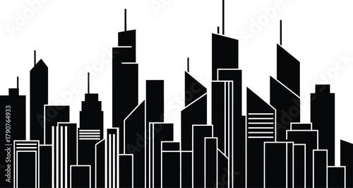 A silhouette of a modern city skyline with various buildings and skyscrapers.
