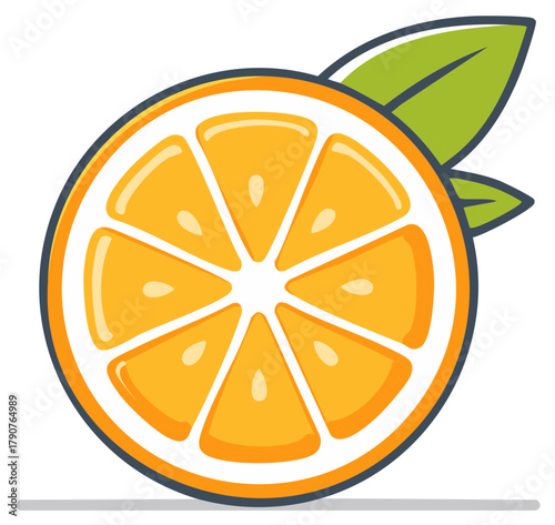 Vibrant orange slice with green leaves, a refreshing citrus symbol.