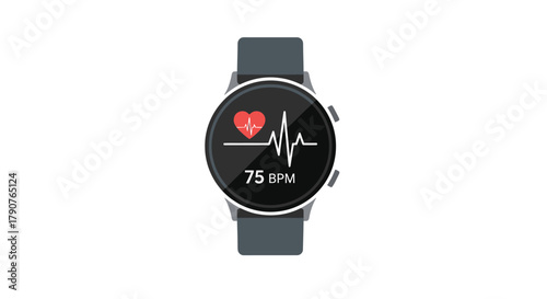 A modern smartwatch displays a heart rate monitor with a reading of 75 BPM.