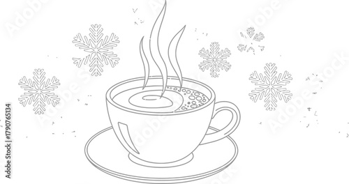 Steaming cup of coffee surrounded by snowflakes on a white winter background