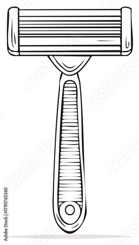 Black and white illustration of a shaving razor, depicted with sharp lines and clean details.