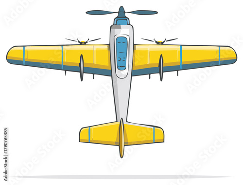 Top View Illustration of a Vintage Yellow and White Twin Engine Propeller Aircraft