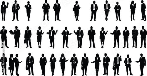 Business professional silhouettes, formal attire, workplace diversity, corporate team, black vector, standing poses, communication, office people, clipart, minimal