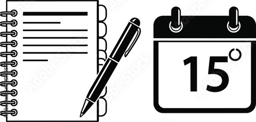 A notebook with lines and a pen next to a calendar showing the fifteenth day.