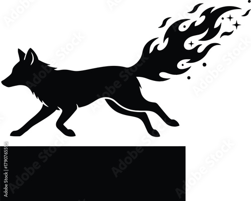 Silhouette of a running fox with a fiery tail on a black rectangle