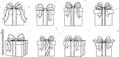 Line art illustration of eight gift boxes with bows on a white background