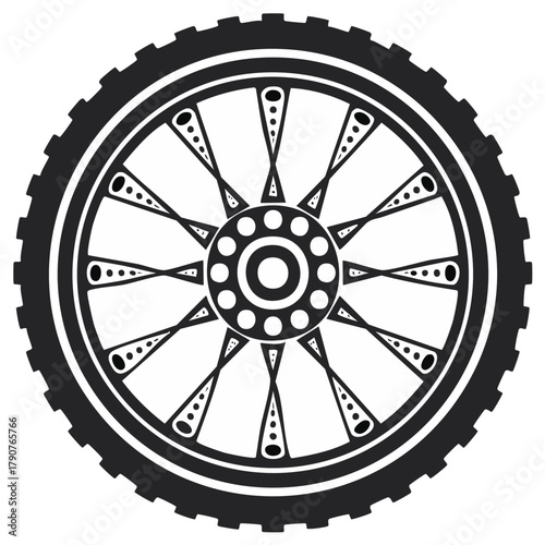 Stylized graphic black and white illustration of a vehicle wheel featuring decorative spokes and tire tread design