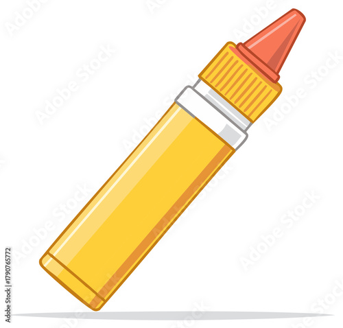Stylized yellow oil dropper with orange cap and white band for dispensing liquids