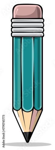 Teal cartoon pencil with pink eraser ready for writing drawing and schoolwork