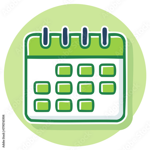 Stylized calendar icon illustration showing days with green accents, representing schedule, agenda, or events.