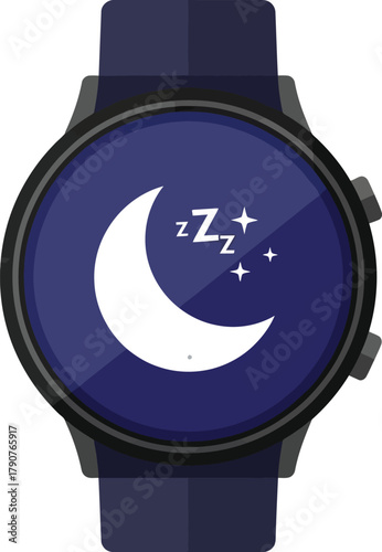 A smartwatch displays a moon and stars with zzz symbols, indicating sleep tracking.