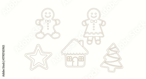 Christmas gingerbread cookies outlines of a man woman house tree and star shapes