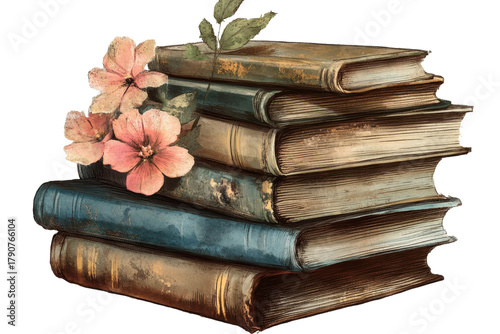 Vintage illustration of stacked books with floral elements showcasing a nostalgic design aesthetic