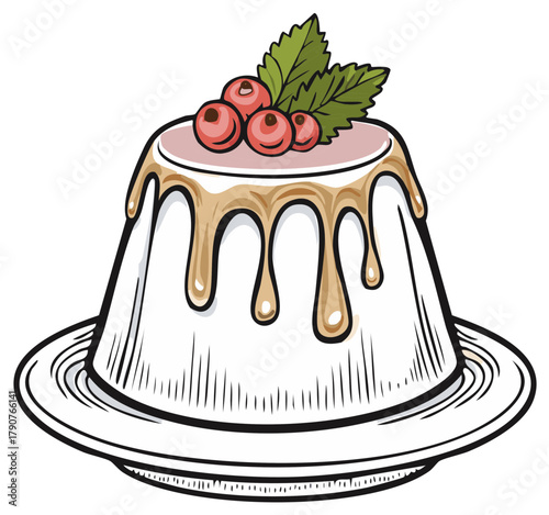 Panna Cotta Dessert with Berries and Sauce on Plate - Hand-Drawn Illustration