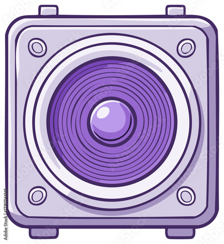 Stylized cartoon illustration of a powerful purple audio speaker or subwoofer for music and sound concepts