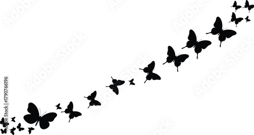 Butterfly silhouettes, diagonal flow, black on white, symbolic art, transformation, freedom, nature design, minimal vector, wing pattern, decorative