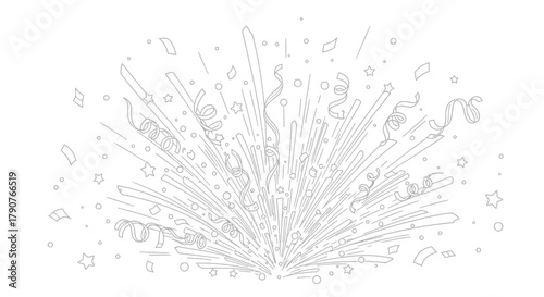 Celebration burst with confetti and streamers in a black and white line drawing