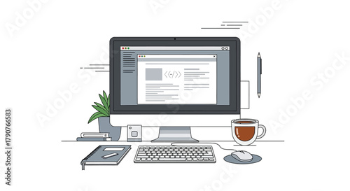 A computer workstation with a monitor, keyboard, mouse, coffee cup, and plant.