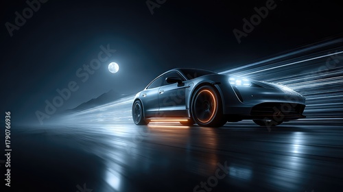 A sleek modern sedan shown as a holographic blueprint with glowing wheels against a dark background with a full moon. A concept for automotive innovation and high-tech diagnostics.