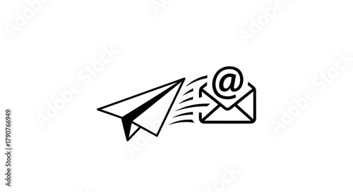A paper airplane sends an email to an envelope with an at symbol.