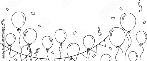 Balloons and confetti decorate a festive celebration with a string of triangular flags.