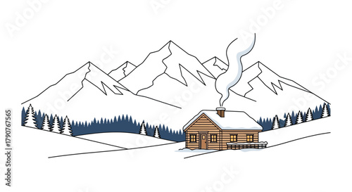 Cozy cabin nestled in a snowy mountain landscape with smoke rising gently up