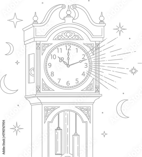 Grandfather clock striking two o'clock with celestial elements around it design