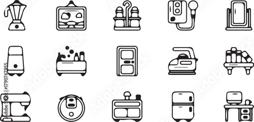 Black and white icons of household appliances and objects illustration