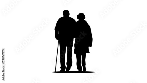 Symbol of an elderly couple, black isolated silhouette