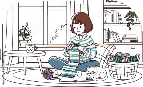Woman knitting a colorful scarf with a cat in a cozy room illustration