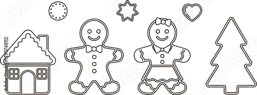 Gingerbread cookies and christmas tree outline for holiday baking and decoration