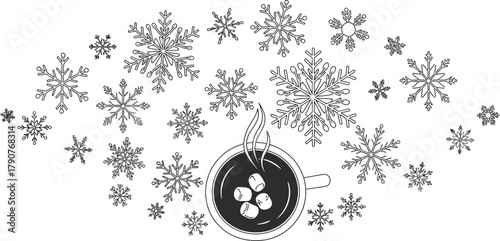 Hot chocolate with marshmallows surrounded by snowflakes on a white background