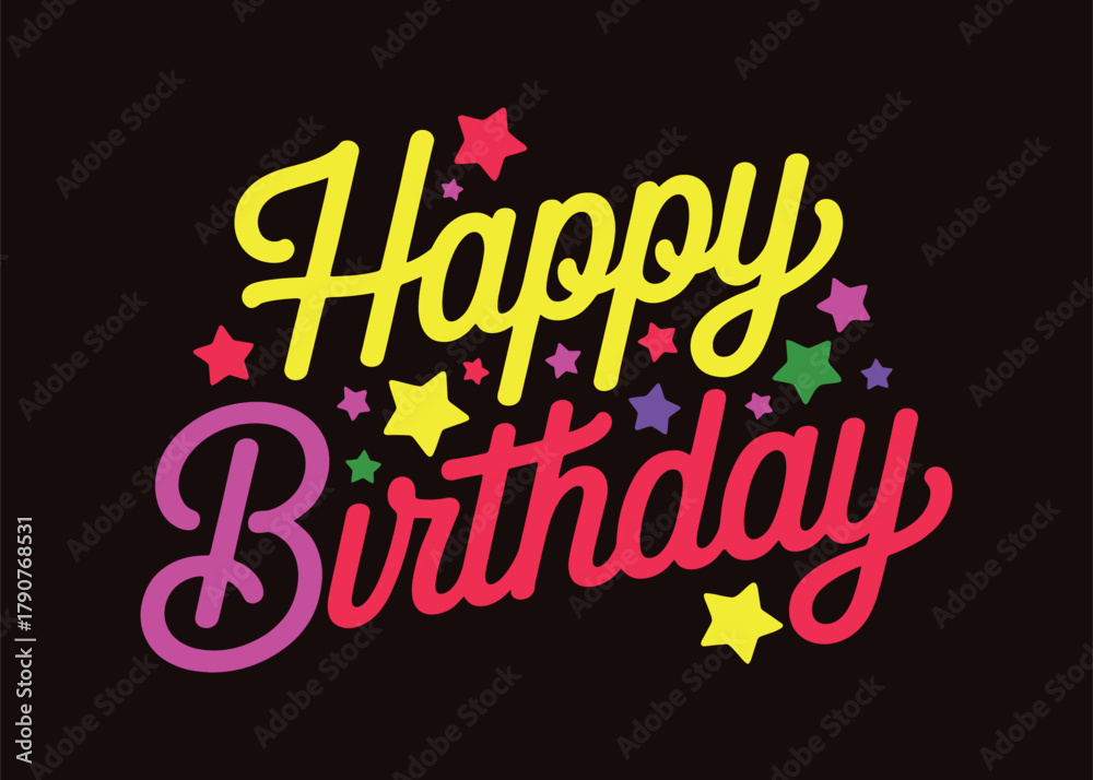 Fototapeta premium Happy birthday wishes greeting card image with colorful stars on dark background for celebration party