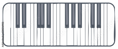 Stylized illustration of a piano keyboard with gray and white keys and a dark gray border