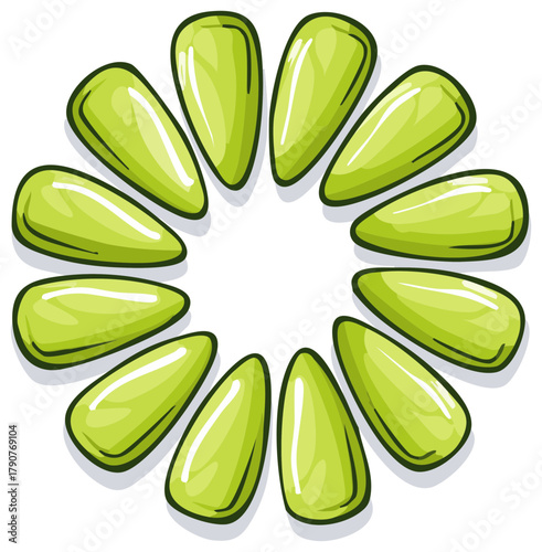 Abstract green oval shapes arranged in a circular pattern with a cartoonish style