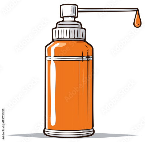 Retro oil can with a long spout pump dispensing a single drop of orange lubricant